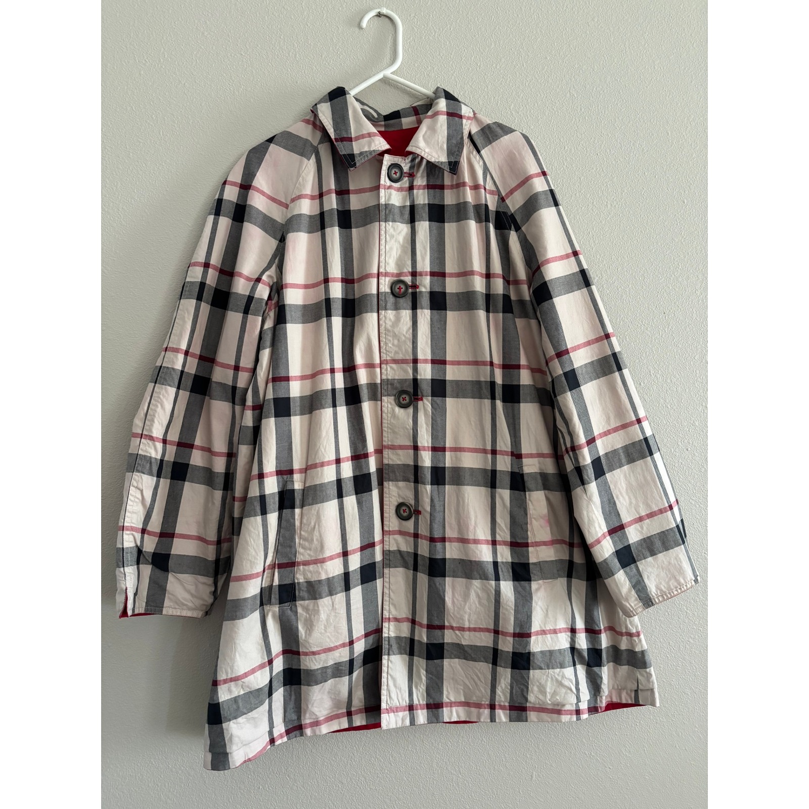 Vintage Pendleton Trench Coat Womens Lrg Cotton Red Plaid Reversible Classic